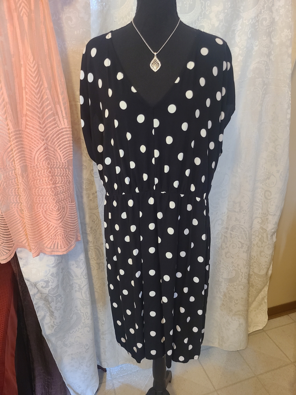 Black Polka Dot Midi Dress with V-Neck